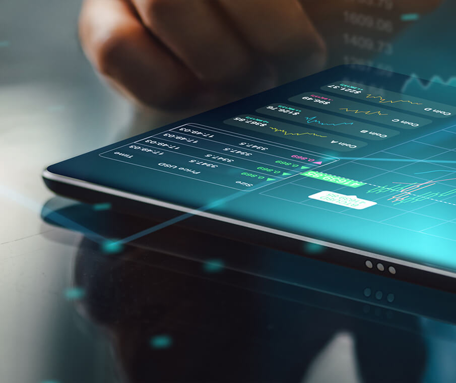 Live banking dashboard on a tablet with real-time market data